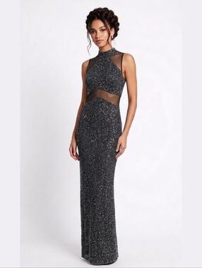 Lori Weidner Evenings Black Silver Glitter Mesh Cutout Maxi Dress Size 10 Gown